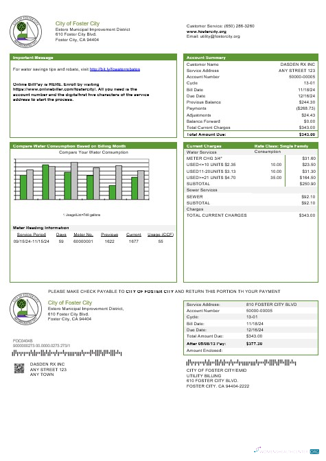 USA California City of Foster City business utility bill template in Word and PDF formats